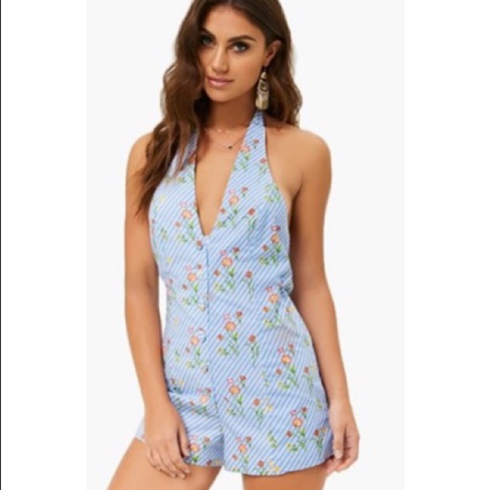 FLORAL STRIPED HALTER ROMPER